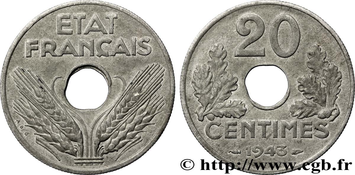 20 centimes État français, légère 1943  F.153A/1 TTB40 