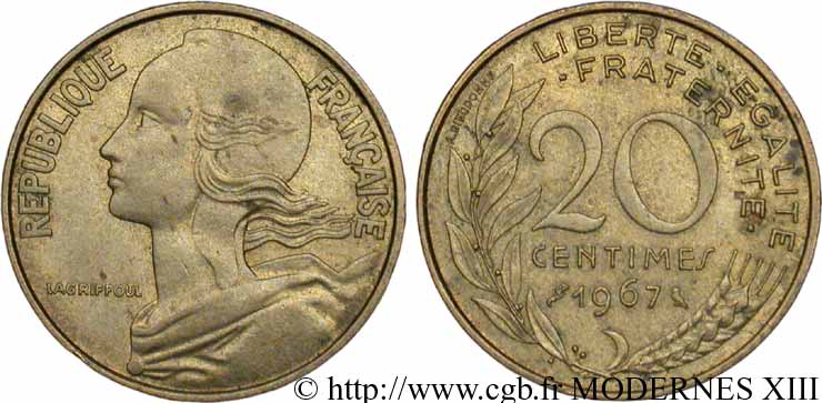 20 centimes Marianne 1967 Paris F.156/7 EBC55 