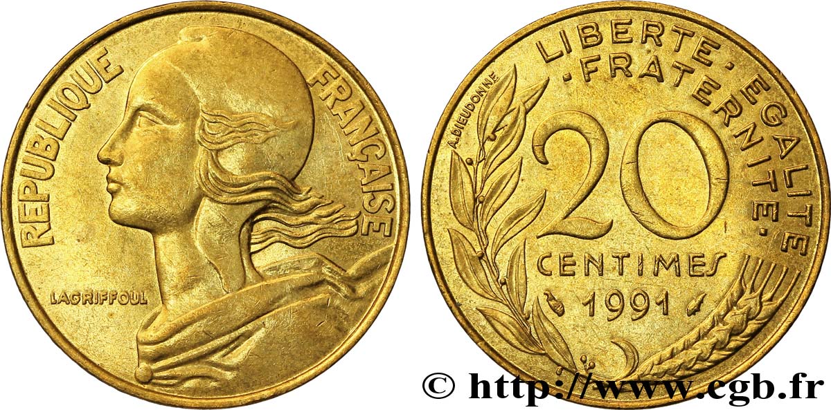 20 centimes Marianne 1991 Pessac F.156/31 AU54 