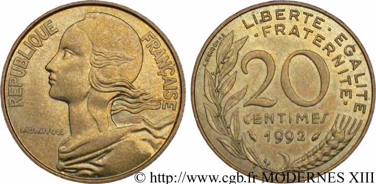 20 centimes Marianne 1992 Pessac F.156/33 AU55 