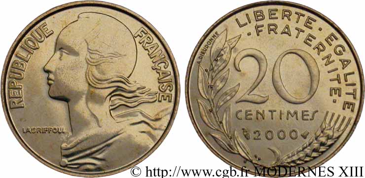 20 centimes Marianne, date espacée 2000 Pessac F.156/45 MS63 