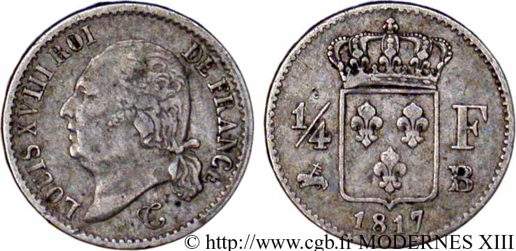 1/4 franc Louis XVIII  1817 Rouen F.163/2 XF42 