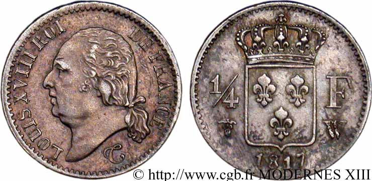 1/4 franc Louis XVIII  1817 Lille F.163/11 TTB54 