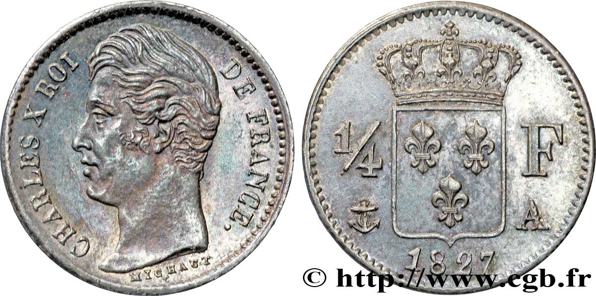 1/4 franc Charles X 1827 Paris F.164/10 SPL63 
