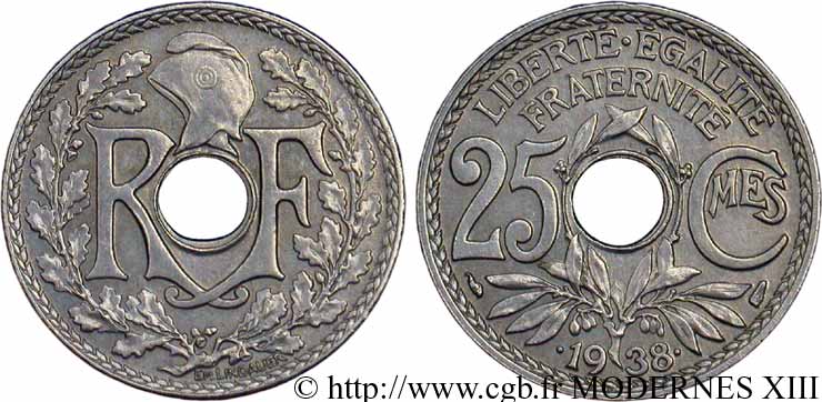 25 centimes Lindauer, maillechort 1938  F.172/2 VZ58 