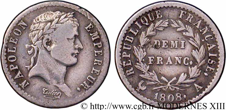 Demi-franc Napoléon Ier tête laurée, République française 1808 Paris F./ TB35 