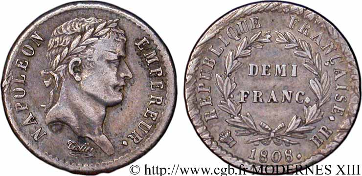 Demi-franc Napoléon Ier tête laurée, République française 1808 Strasbourg F.177/4 TTB50 