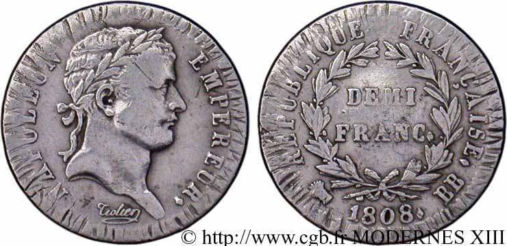 Demi-franc Napoléon Ier tête laurée, République française 1808 Strasbourg F.177/4 B12 