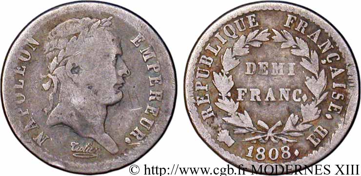Demi-franc Napoléon Ier tête laurée, République française 1808 Strasbourg F.177/4 VF20 