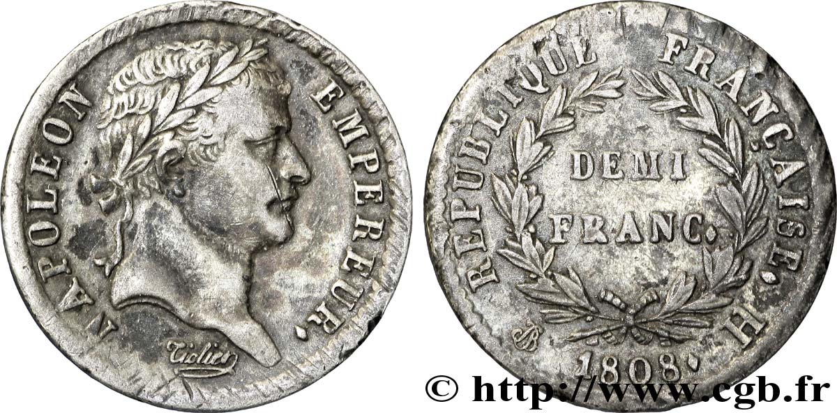 Demi-franc Napoléon Ier tête laurée, République française 1808 La Rochelle F./ XF42 