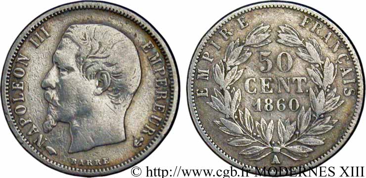 50 centimes Napoléon III, tête nue 1860 Paris F.187/13 VF20 