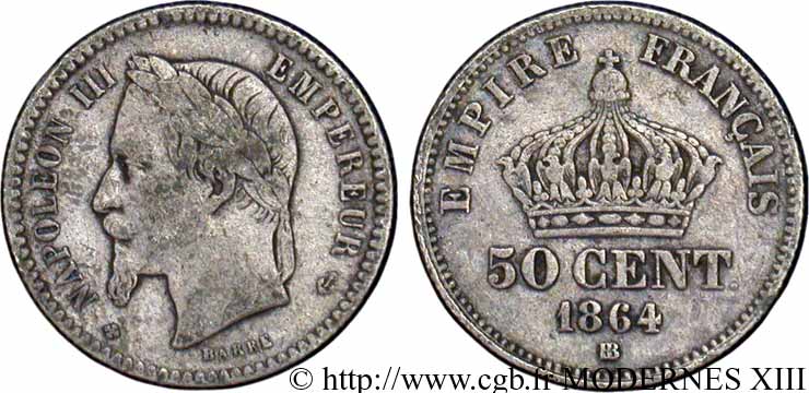 50 centimes Napoléon III, tête laurée 1864 Strasbourg F.188/3 TB20 