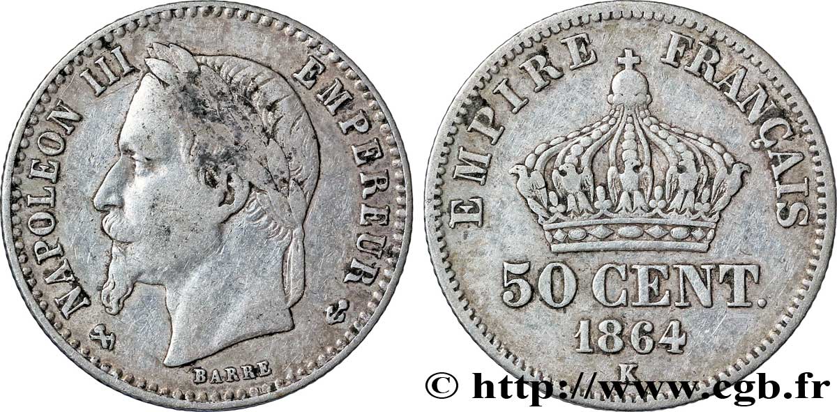 50 centimes Napoléon III, tête laurée 1864 Bordeaux F.188/4 TB20 
