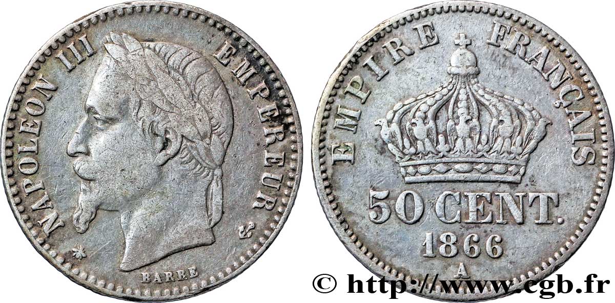 50 centimes Napoléon III, tête laurée 1866 Paris F.188/9 VF35 