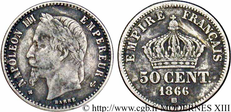 50 centimes Napoléon III, tête laurée 1866 Strasbourg F.188/10 TB20 