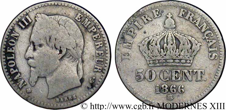 50 centimes Napoléon III, tête laurée 1866 Strasbourg F.188/10 G5 