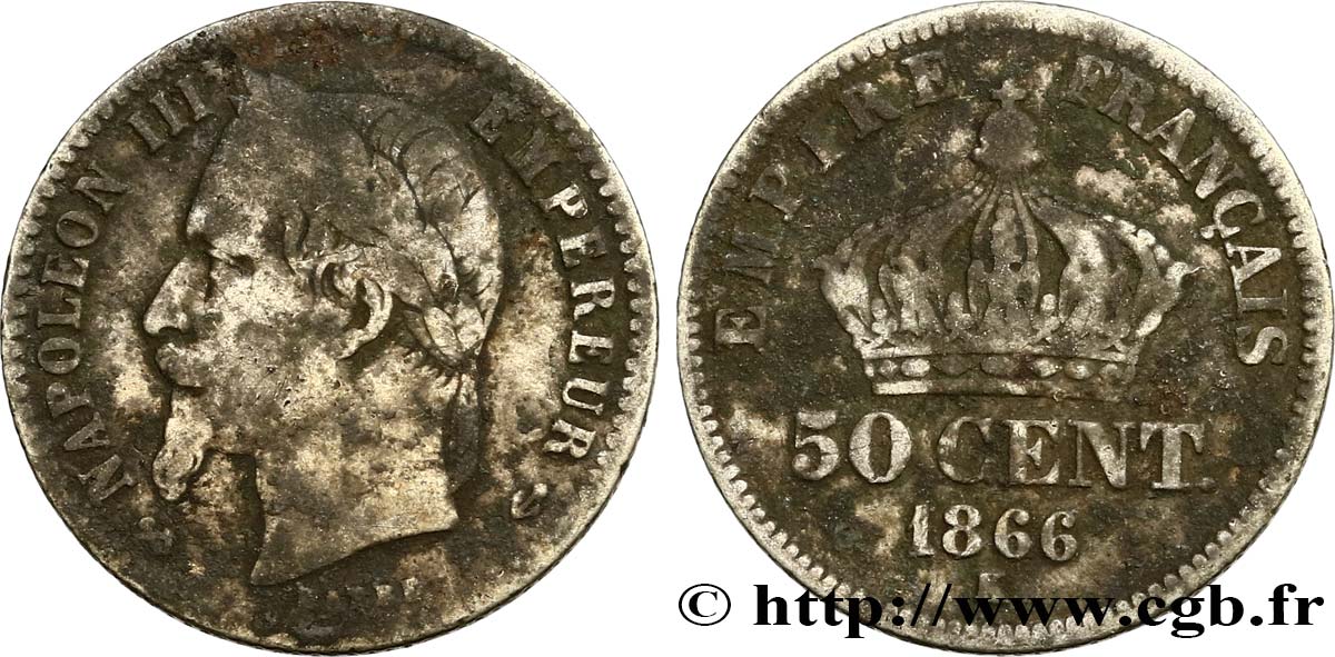 50 centimes Napoléon III, tête laurée 1866 Bordeaux F.188/11 VF20 