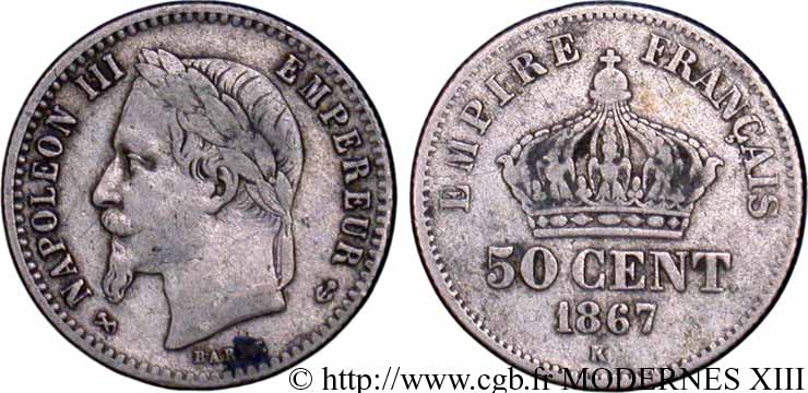 50 centimes Napoléon III, tête laurée 1867 Bordeaux F.188/18 MB35 