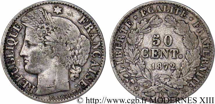 50 centimes Cérès, IIIe République 1872 Bordeaux F.189/4 VF35 