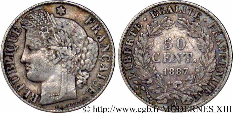 50 centimes Cérès, Troisième République 1887 Paris F.189/12 S35 
