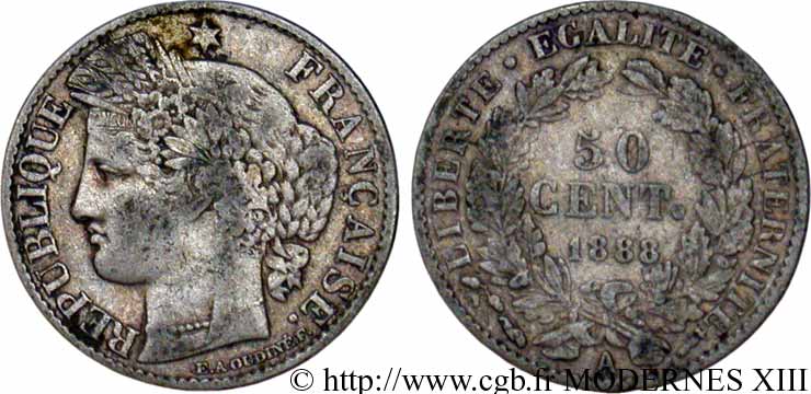 50 centimes Cérès, IIIe République 1888 Paris F.189/13 TB20 