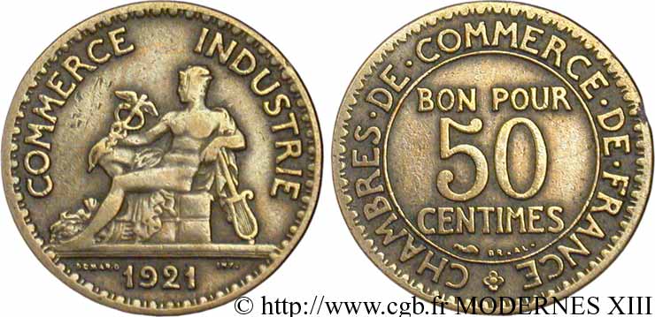 50 centimes Chambres de Commerce 1921 Paris F.191/3 VF20 