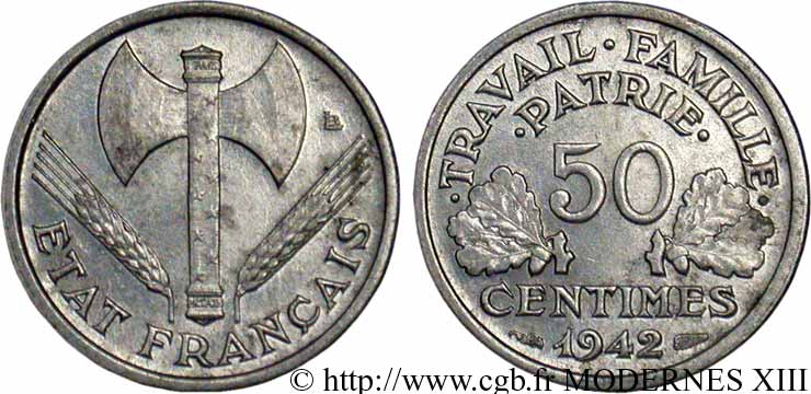 50 centimes Francisque, lourde 1942  F.195/3 SUP58 