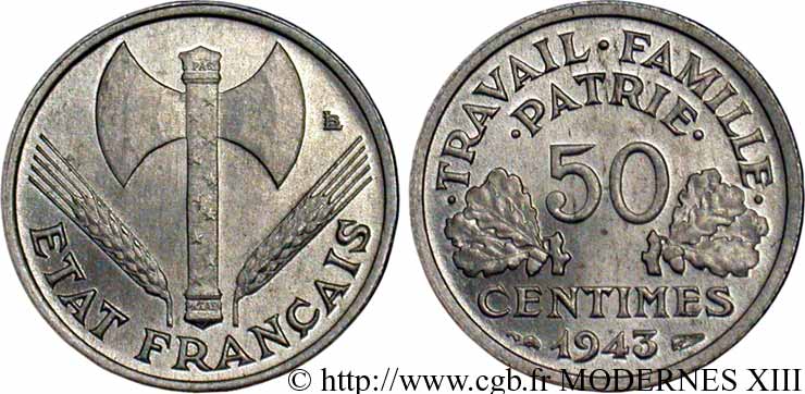 50 centimes Francisque, légère 1943  F.196/2 SPL63 