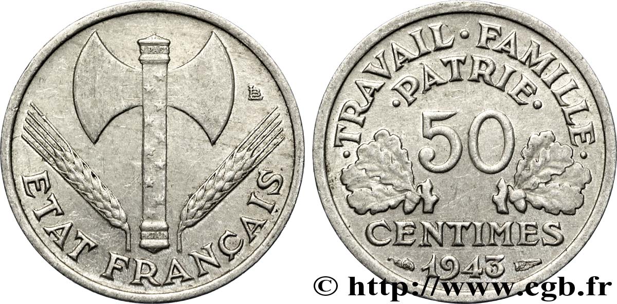 50 centimes Francisque, légère 1943  F.196/2 SUP58 