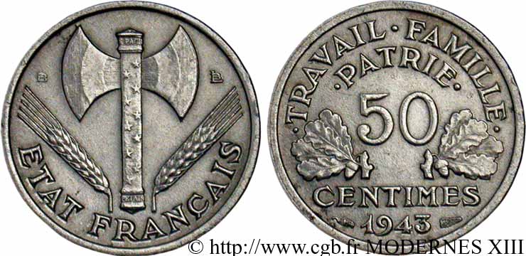 50 centimes Francisque, légère 1943 Beaumont-le-Roger F.196/3 TTB40 