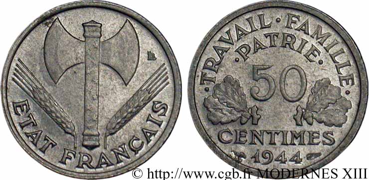 50 centimes Francisque, légère 1944  F.196/4 SUP55 