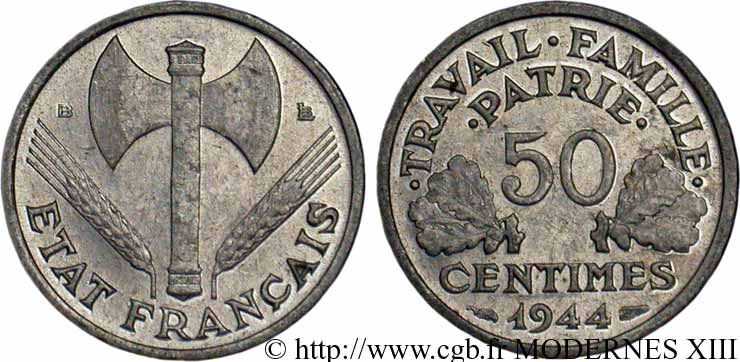50 centimes Francisque, légère 1944 Beaumont-Le-Roger F.196/5 AU54 