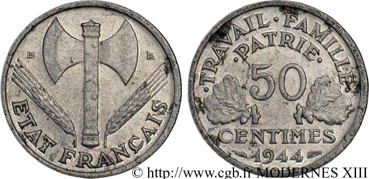 50 centimes Francisque, légère 1944 Beaumont-Le-Roger F.196/5 MBC40 