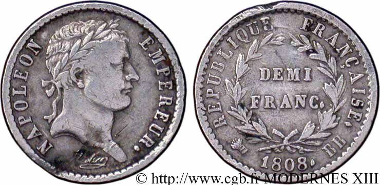 Demi-franc Napoléon Ier tête laurée, République française 1808 Strasbourg F.177/4 TTB40 