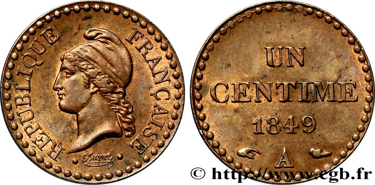 Un centime Dupré, IIe République 1849 Paris F.101/2 SUP62 