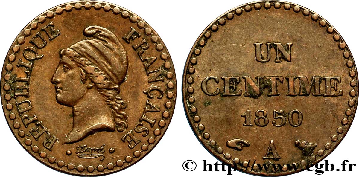 Un centime Dupré, IIe République 1850 Paris F.101/5 TTB48 
