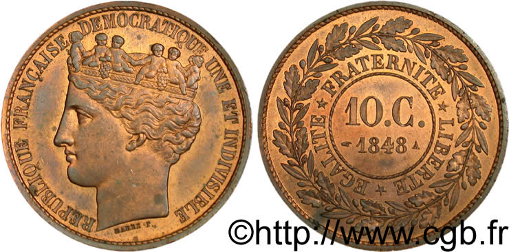 Concours de 10 centimes Br, essai de Barre 1848 Paris VG.3132  SPL63 