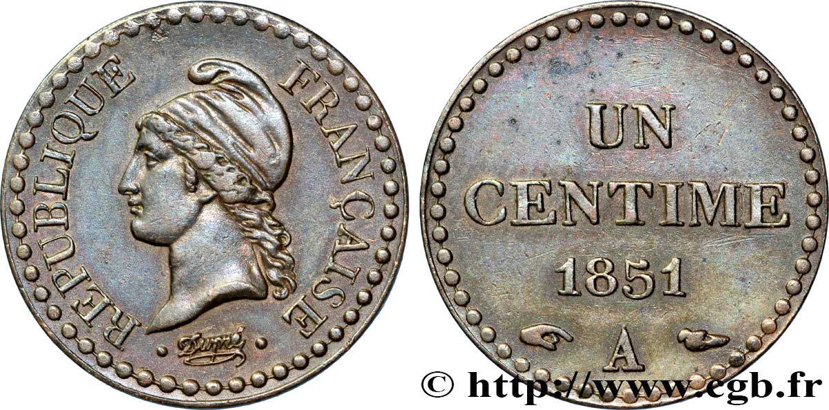 Un centime Dupré, IIe République 1851 Paris F.101/8 SUP55 