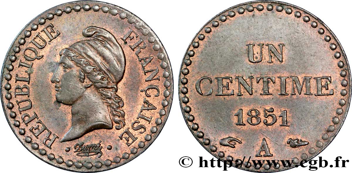 Un centime Dupré, IIe République 1851 Paris F.101/8 SUP58 