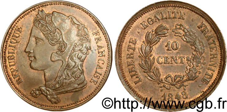 Concours de 10 centimes Br, essai de Gayrard, deuxième concours 1848 Paris VG.3142  SUP60 