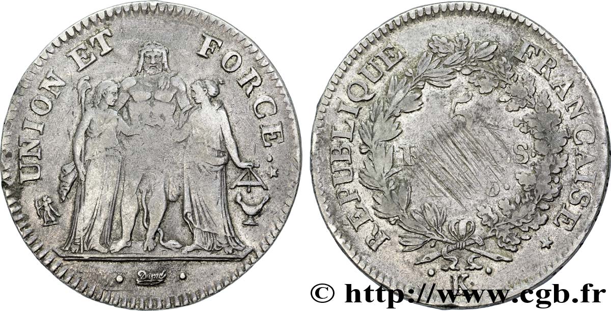 5 francs Union et Force, Union serré, avec glands intérieurs et gland extérieur 1797 Bordeaux F.288/20 TB15 