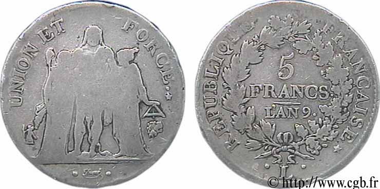 5 francs Union et Force, Union serré, avec glands intérieurs et gland extérieur 1801 Bayonne F.288/161 VG9 