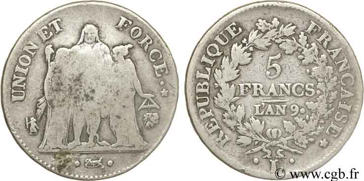 5 francs Union et Force, Union serré, avec glands intérieurs et gland extérieur 1801 Bayonne F.288/161 RC13 