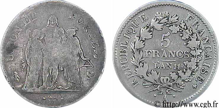 5 francs Union et Force, Union serré, seulement glands intérieurs 1803 Paris F.288/187 F12 
