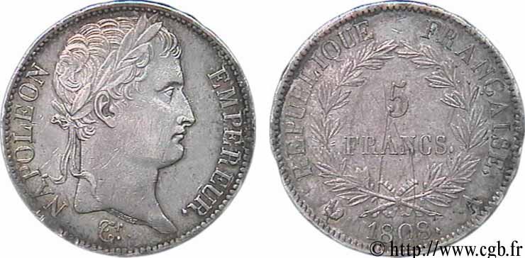 5 francs Napoléon Empereur, République française 1808 Paris F.306/2 SPL55 