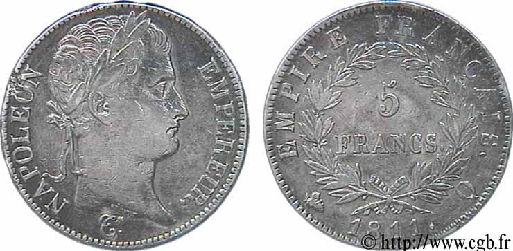 5 francs Napoléon Empereur, Empire français 1811 Perpignan F.307/37 XF40 