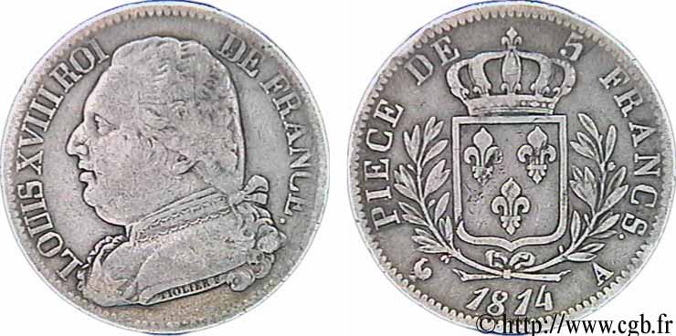5 francs Louis XVIII, buste habillé 1814 Paris F.308/1 MB20 