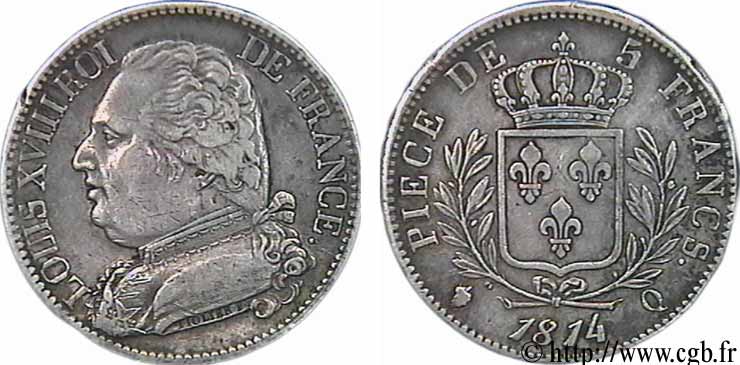 5 francs Louis XVIII, buste habillé 1814 Perpignan F.308/11 AU50 