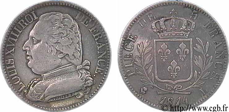 5 francs Louis XVIII, buste habillé 1814 Bayonne F.308/8 TTB42 