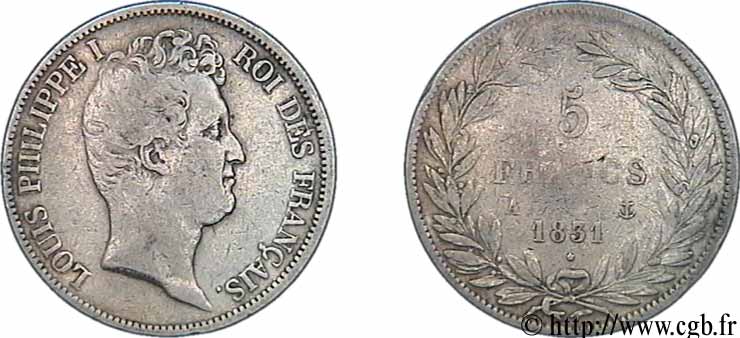 5 francs type Tiolier avec le I, tranche en creux 1831 Paris F.315/14 TB20 
